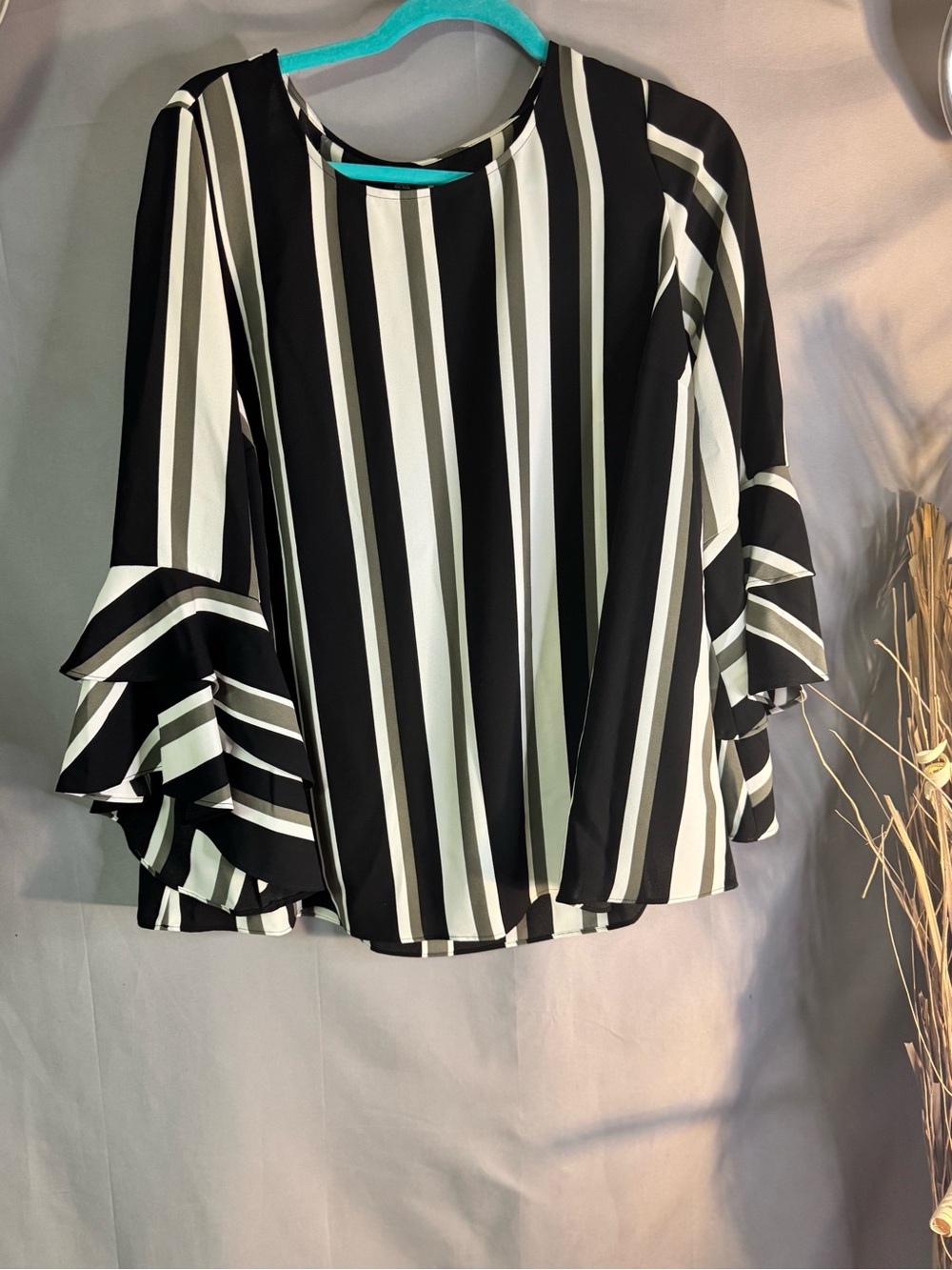 Alfani Black and White Striped Ruffle-Sleeve Blouse